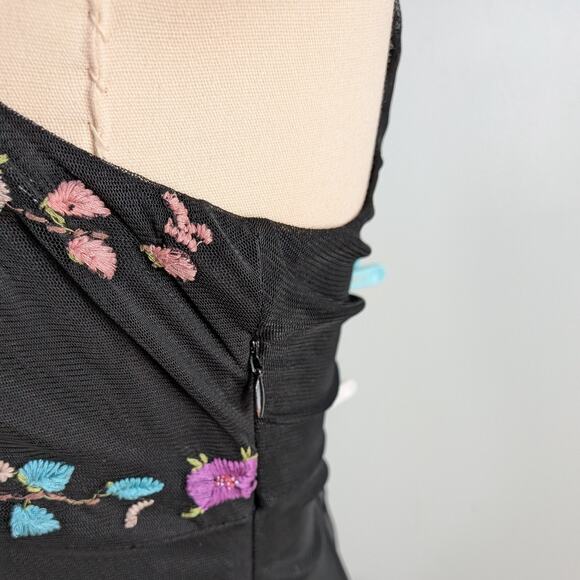 Y2K Midi Dress Cocktail Gown 14 Black Fairy Goth Vintage Floral Embroidery Mesh - Picture 7 of 12